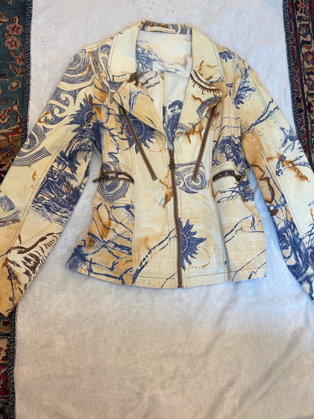 Roberto Cavalli Cream and Blue Printed Zip Jacket